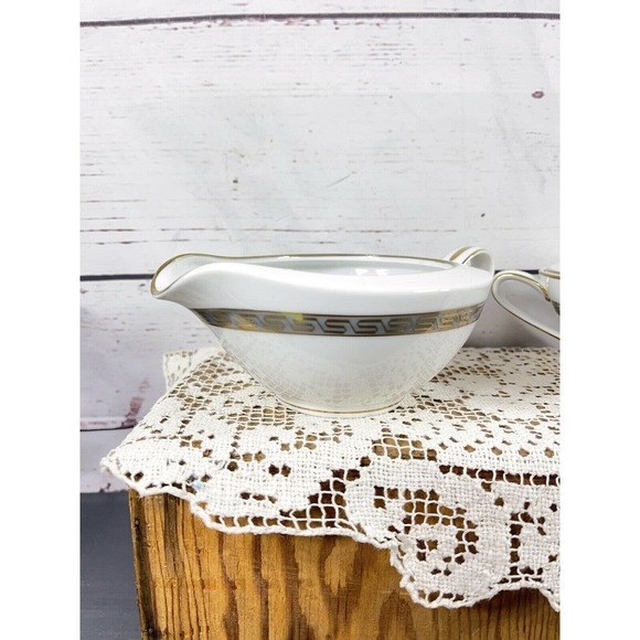 Noritake China Japan Hartford Grey Gold Greek Key Lidded Sugar Bowl And Creamer - Picture 2 of 12